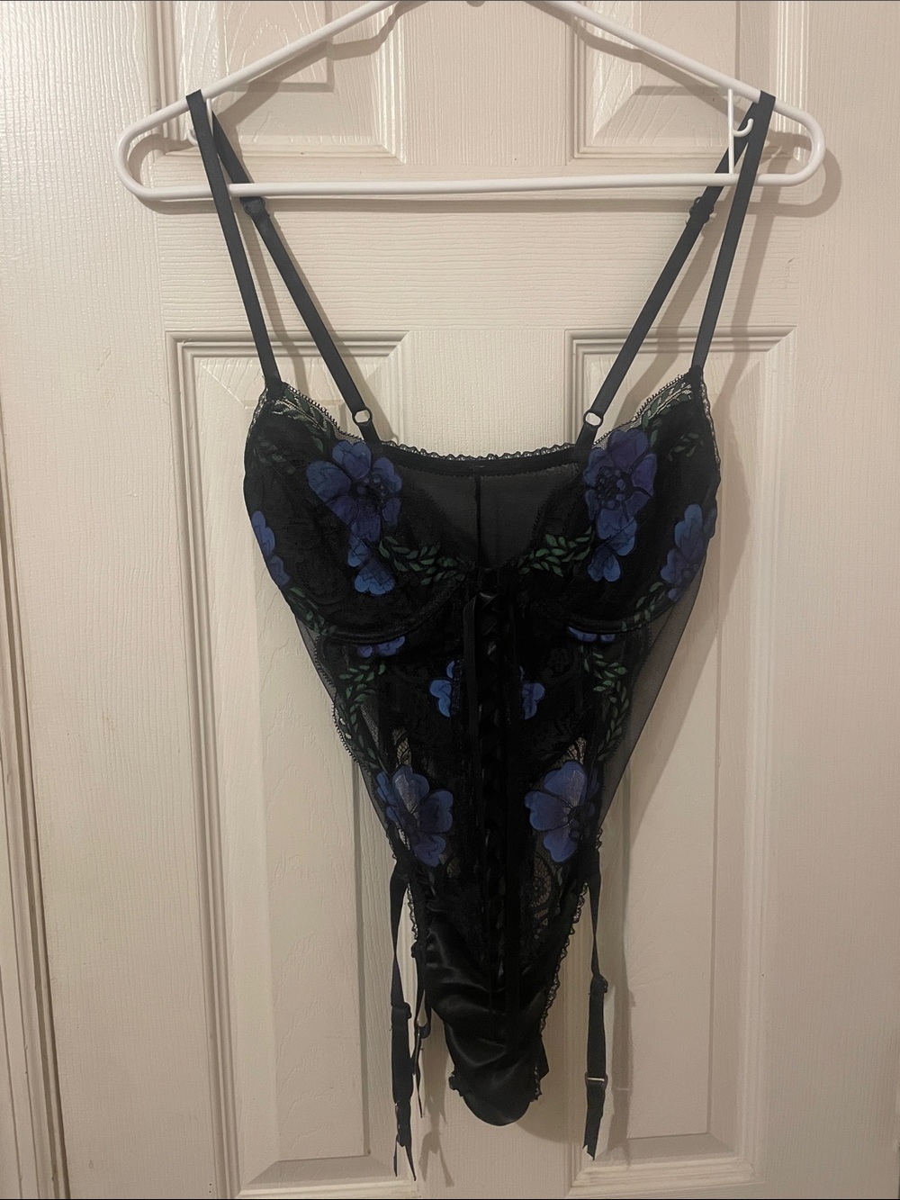 Black Lingerie Bodysuit with Blue Floral Embroidery